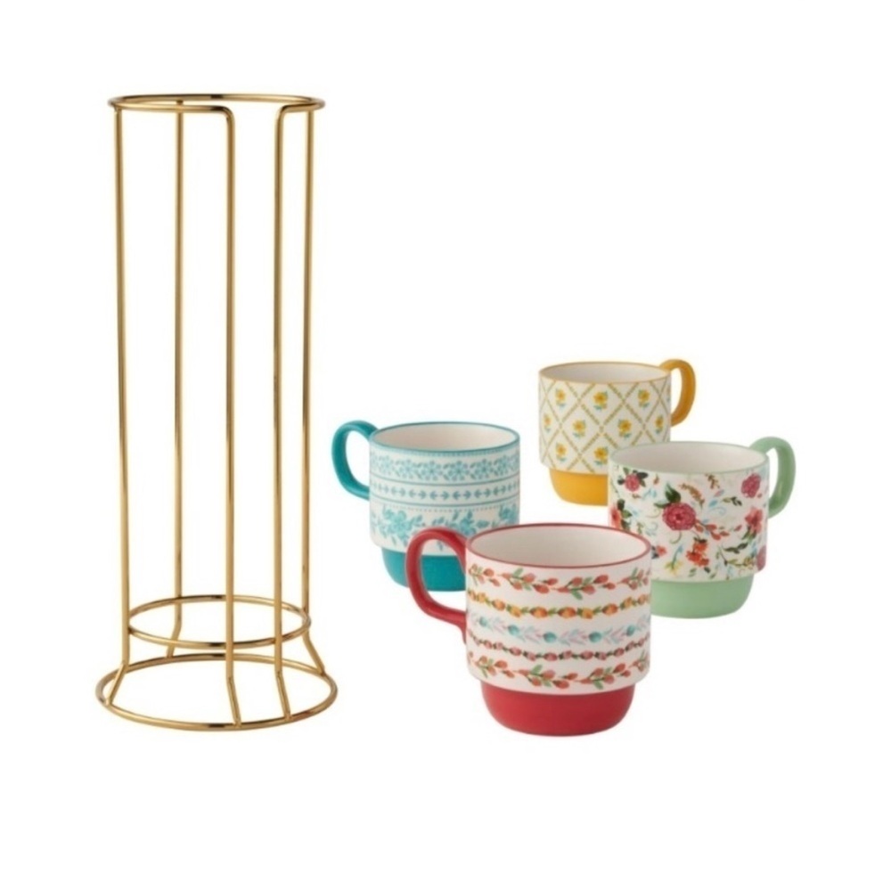 The Pioneer Woman Ditsy with 4 Stacking Stoneware Mugs, with storage rack - Picture 3 of 8
